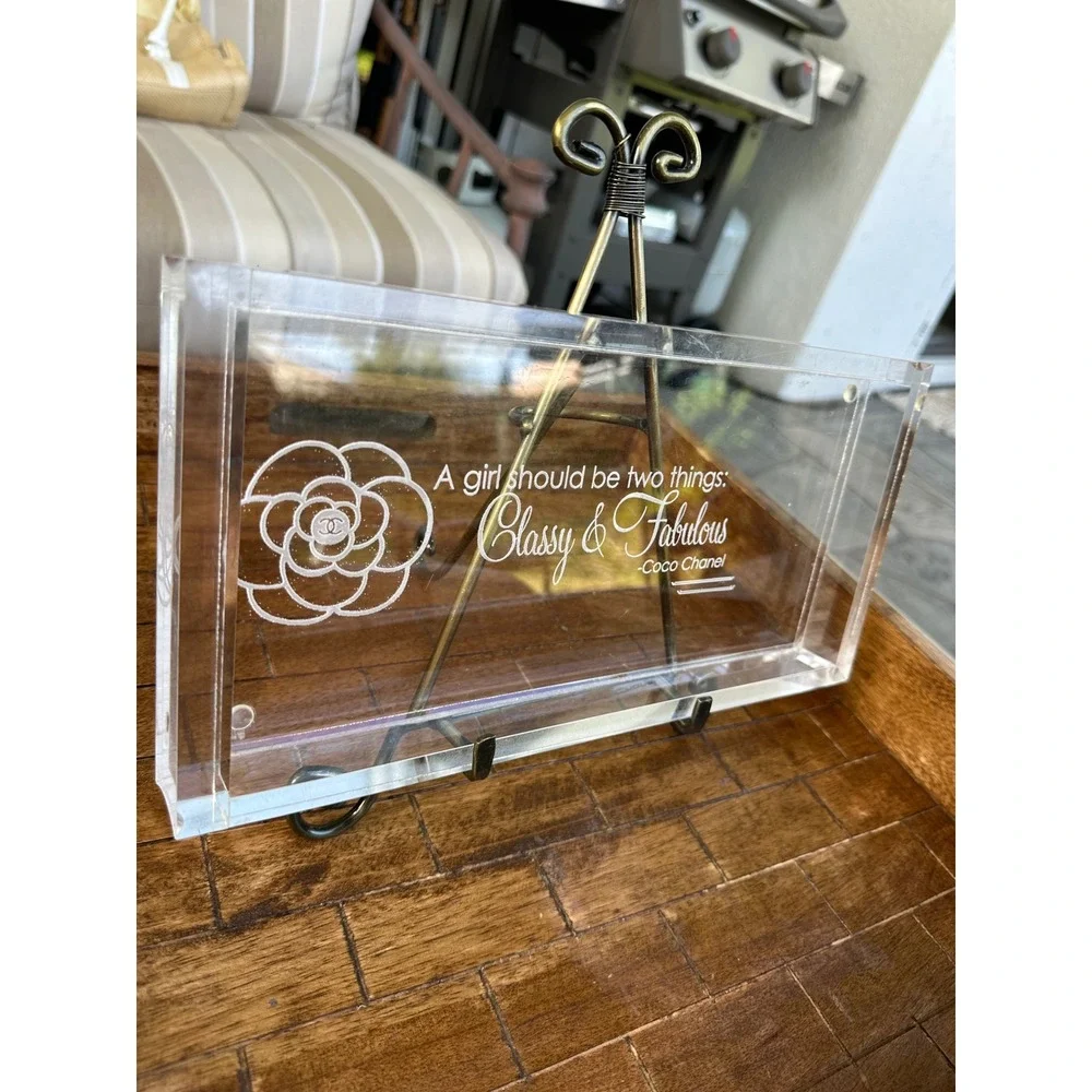 Hotel Balfour Coco Chanel Quote Acrylic Vanity Tray etched Clear‎ lucite  VGUC